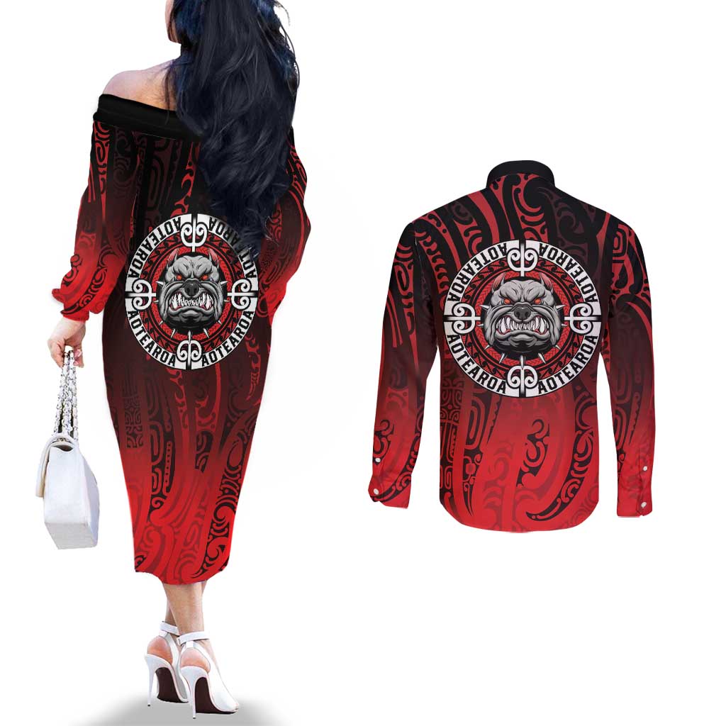 Aotearoa Bulldog Couples Matching Off The Shoulder Long Sleeve Dress and Long Sleeve Button Shirt New Zealand Kowhaiwhai Tribal LT9 - Polynesian Pride
