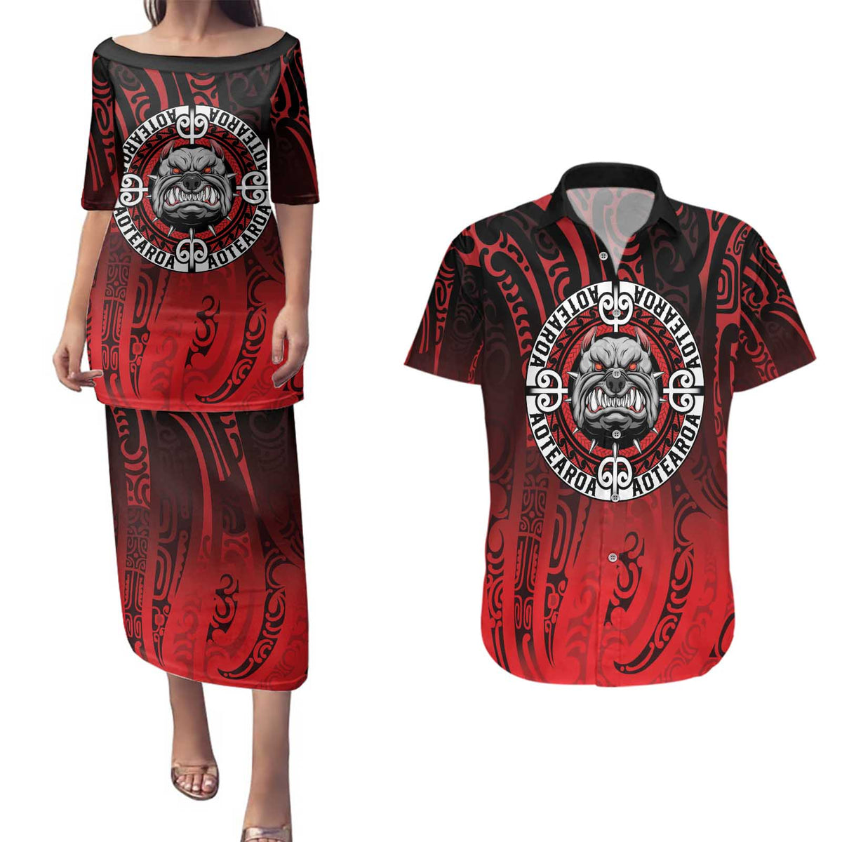 Aotearoa Bulldog Couples Matching Puletasi and Hawaiian Shirt New Zealand Kowhaiwhai Tribal LT9 Red - Polynesian Pride