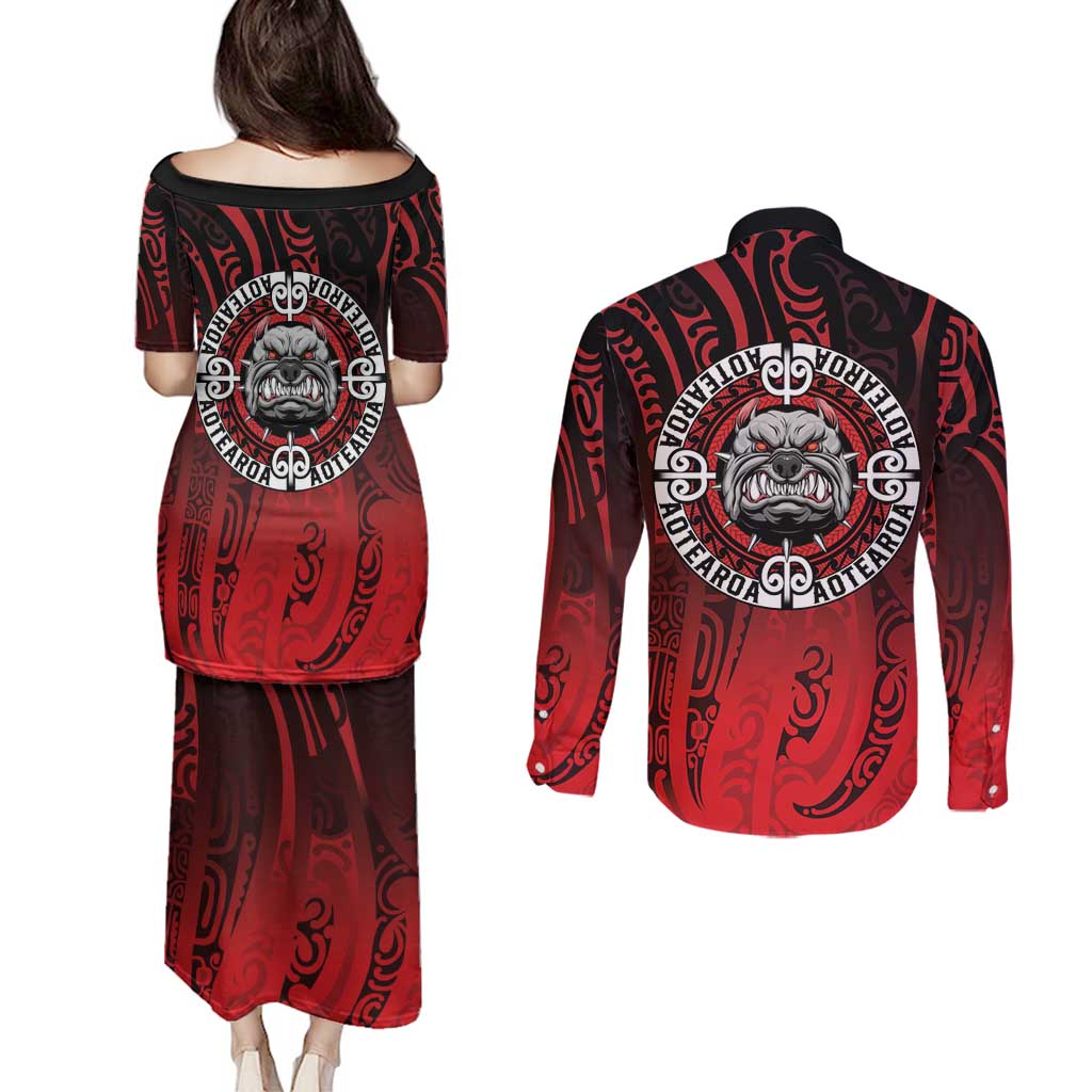 Aotearoa Bulldog Couples Matching Puletasi and Long Sleeve Button Shirt New Zealand Kowhaiwhai Tribal LT9 - Polynesian Pride