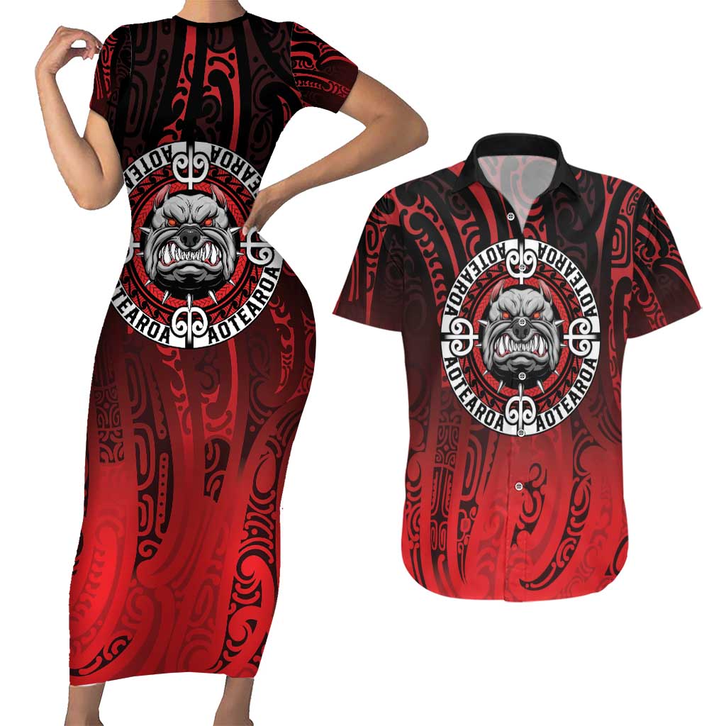 Aotearoa Bulldog Couples Matching Short Sleeve Bodycon Dress and Hawaiian Shirt New Zealand Kowhaiwhai Tribal LT9 Red - Polynesian Pride
