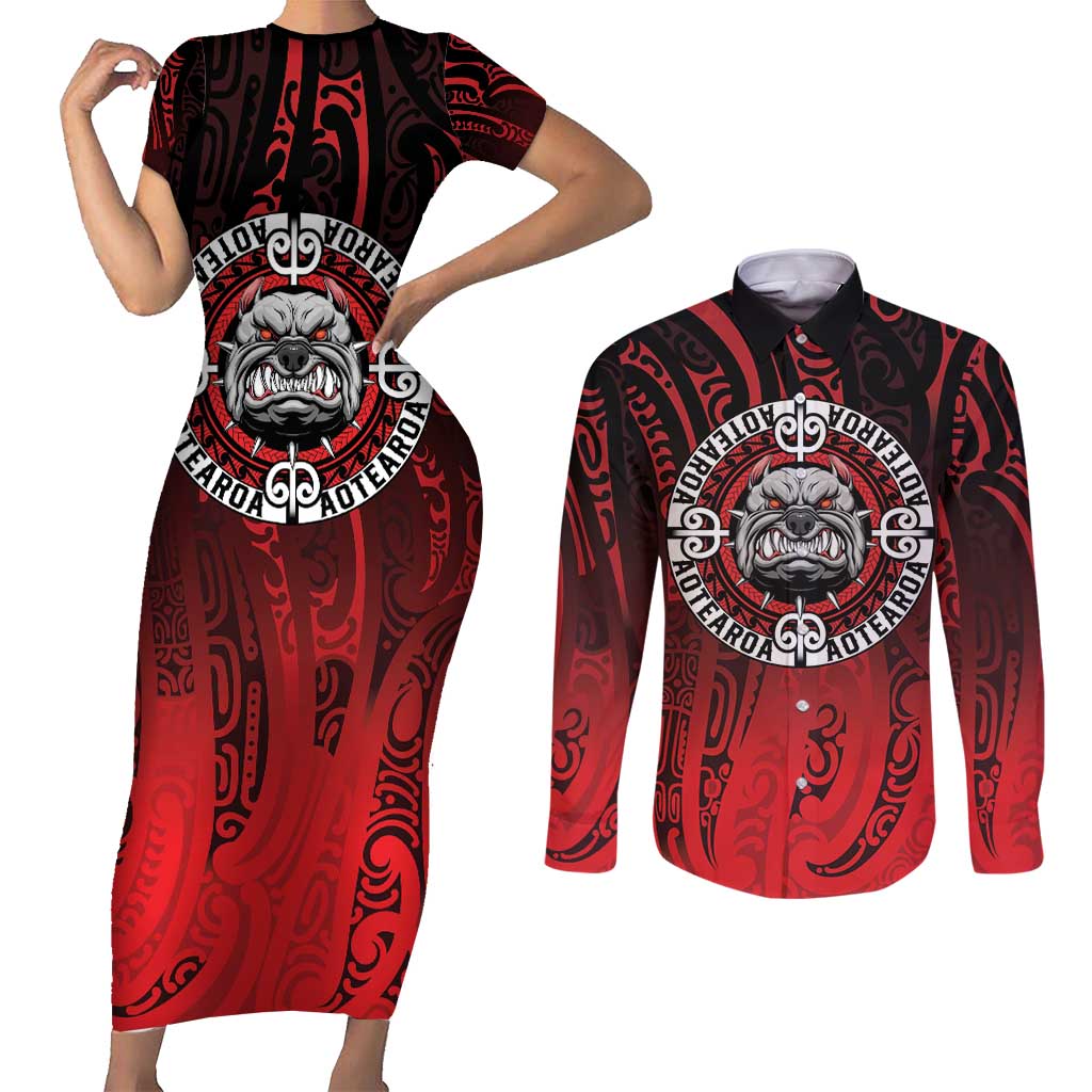 Aotearoa Bulldog Couples Matching Short Sleeve Bodycon Dress and Long Sleeve Button Shirt New Zealand Kowhaiwhai Tribal LT9 Red - Polynesian Pride