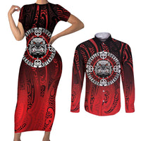 Aotearoa Bulldog Couples Matching Short Sleeve Bodycon Dress and Long Sleeve Button Shirt New Zealand Kowhaiwhai Tribal LT9 Red - Polynesian Pride