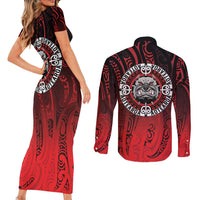 Aotearoa Bulldog Couples Matching Short Sleeve Bodycon Dress and Long Sleeve Button Shirt New Zealand Kowhaiwhai Tribal LT9 - Polynesian Pride