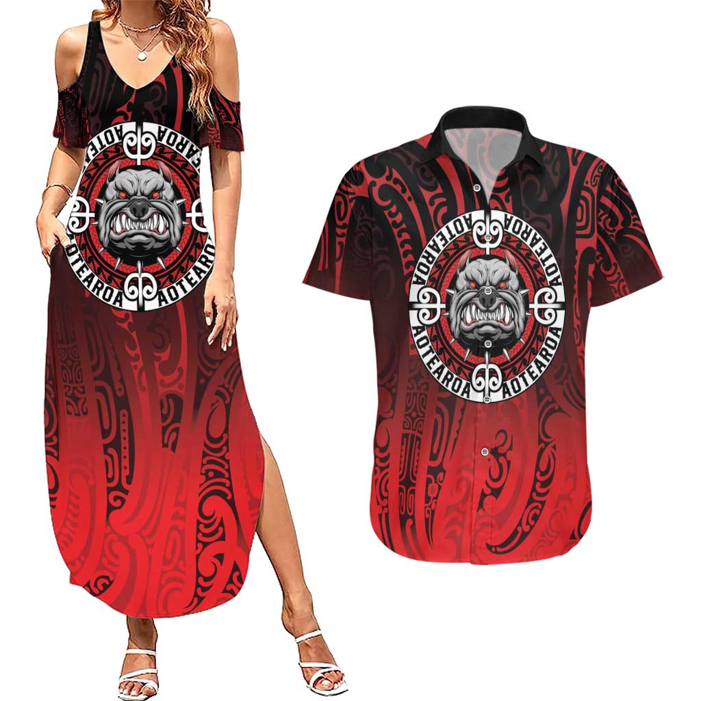 Aotearoa Bulldog Couples Matching Summer Maxi Dress and Hawaiian Shirt New Zealand Kowhaiwhai Tribal LT9 Red - Polynesian Pride