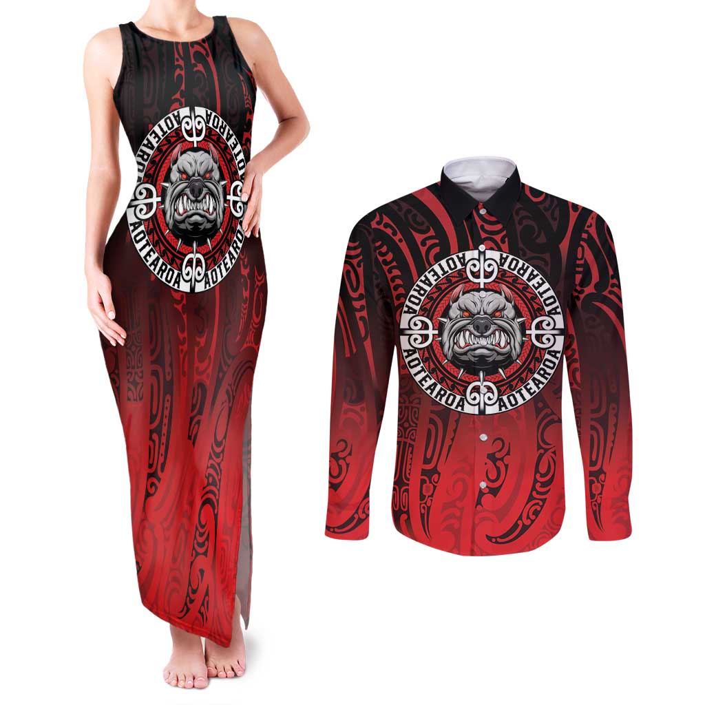 Aotearoa Bulldog Couples Matching Tank Maxi Dress and Long Sleeve Button Shirt New Zealand Kowhaiwhai Tribal LT9 Red - Polynesian Pride