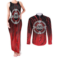 Aotearoa Bulldog Couples Matching Tank Maxi Dress and Long Sleeve Button Shirt New Zealand Kowhaiwhai Tribal LT9 Red - Polynesian Pride