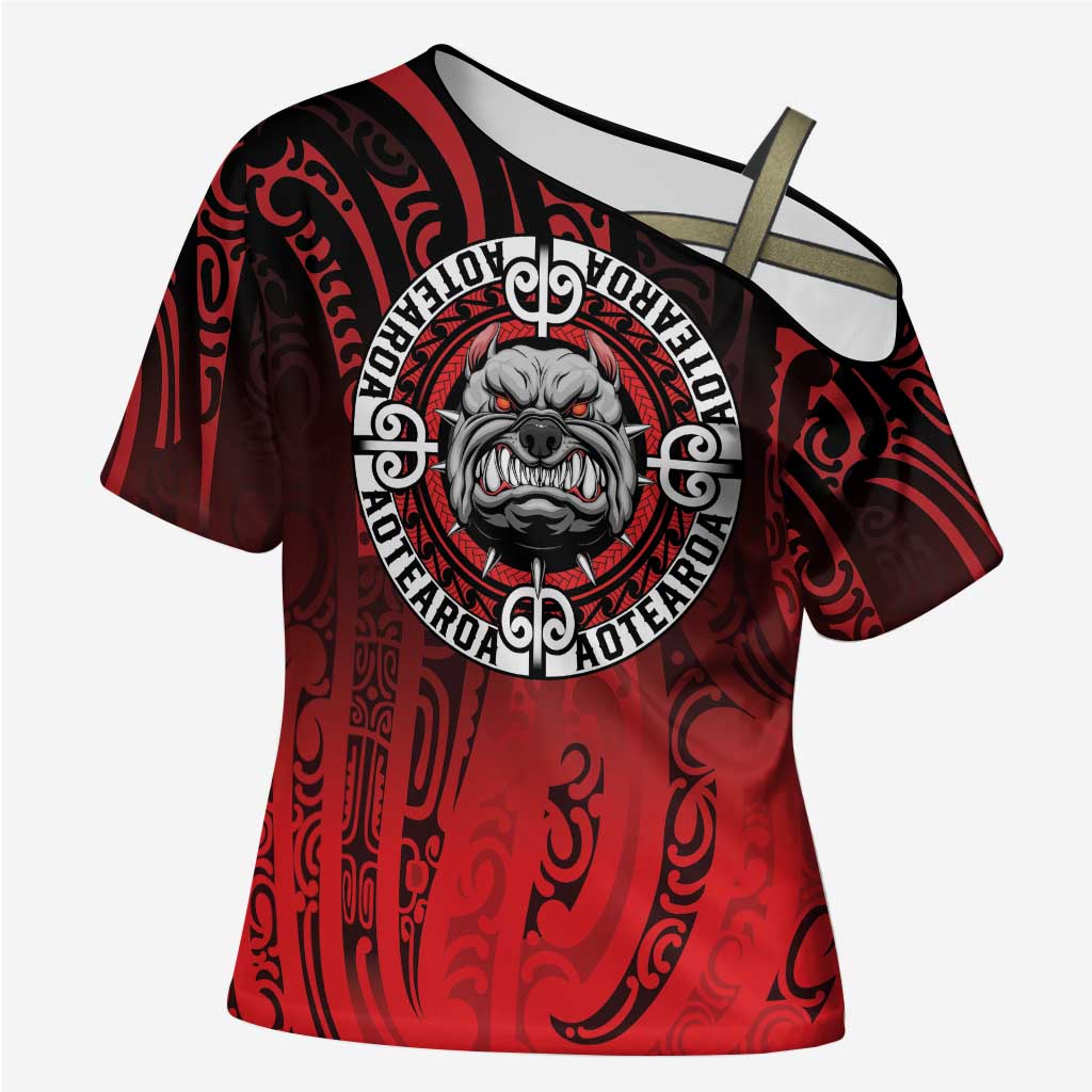 Aotearoa Bulldog Cross Shoulder Shirt New Zealand Kowhaiwhai Tribal LT9 Female Red - Polynesian Pride