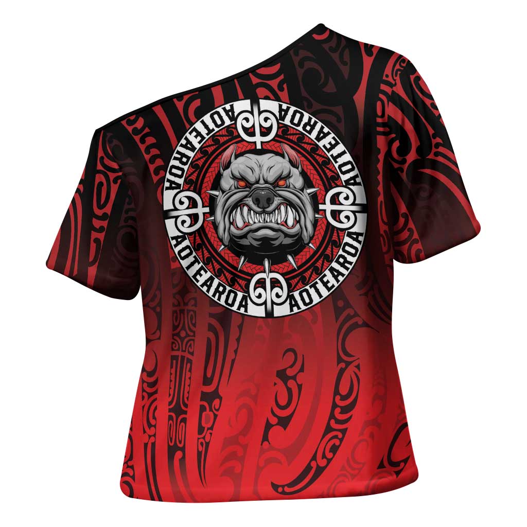 Aotearoa Bulldog Cross Shoulder Shirt New Zealand Kowhaiwhai Tribal LT9 - Polynesian Pride