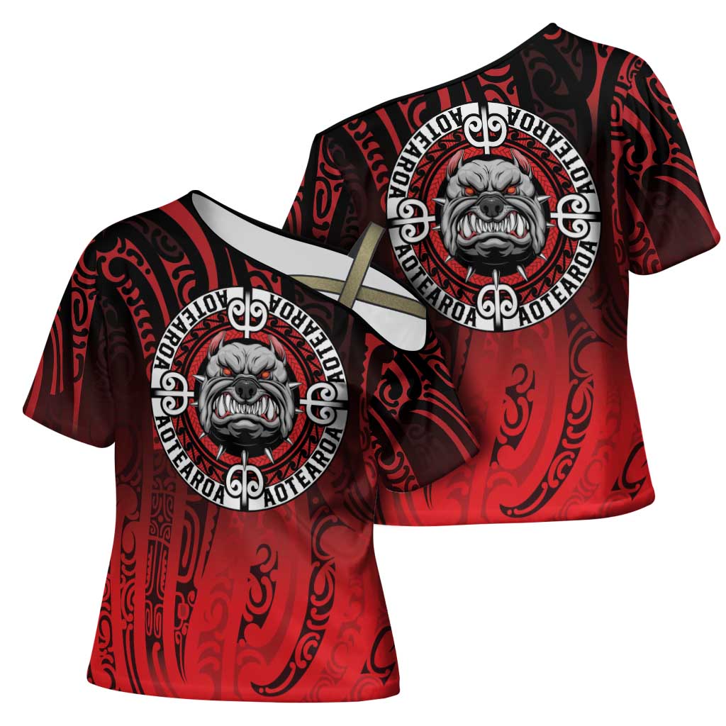 Aotearoa Bulldog Cross Shoulder Shirt New Zealand Kowhaiwhai Tribal LT9 - Polynesian Pride