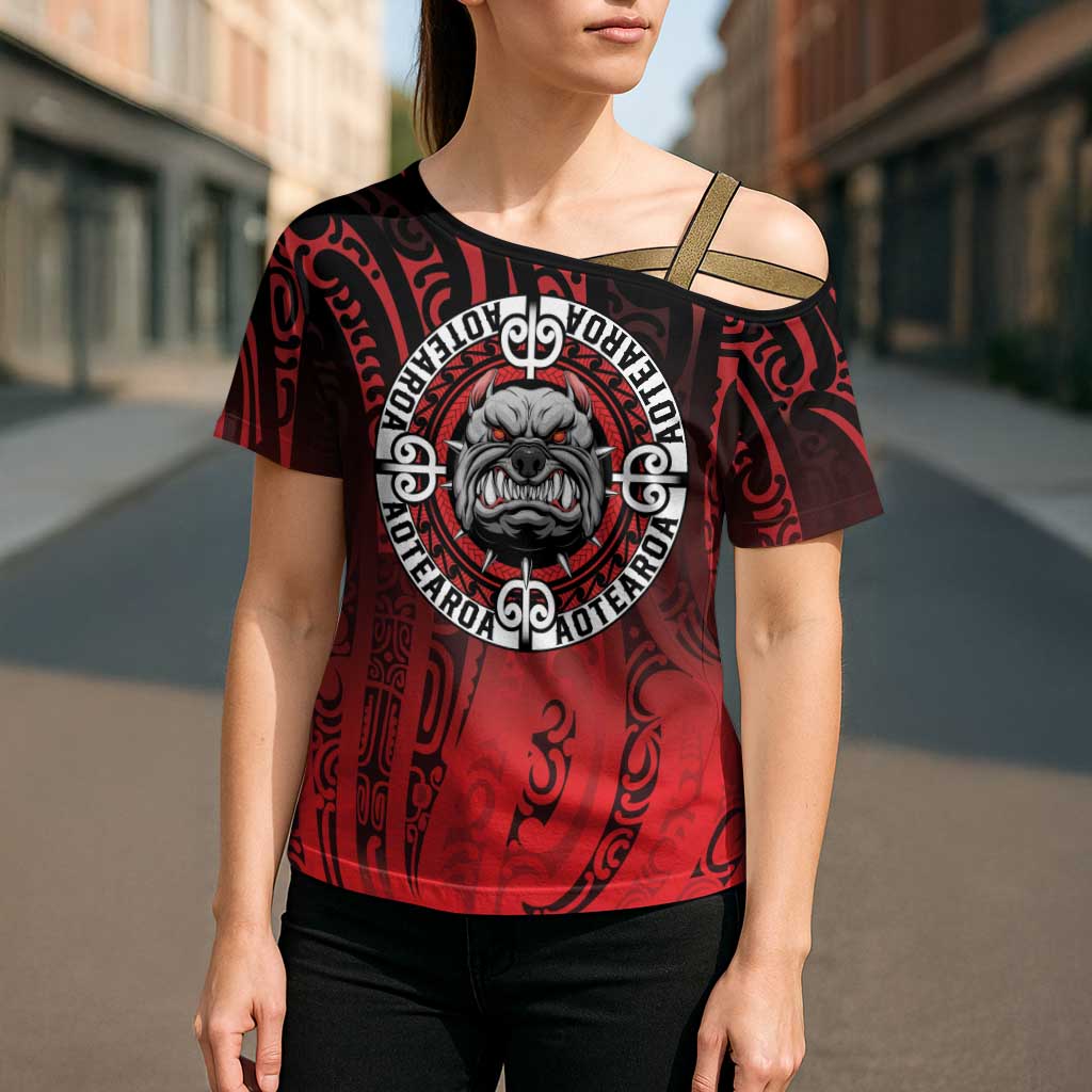 Aotearoa Bulldog Cross Shoulder Shirt New Zealand Kowhaiwhai Tribal LT9 - Polynesian Pride