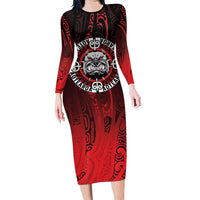 Aotearoa Bulldog Family Matching Long Sleeve Bodycon Dress and Hawaiian Shirt New Zealand Kowhaiwhai Tribal LT9 Mom's Dress Red - Polynesian Pride