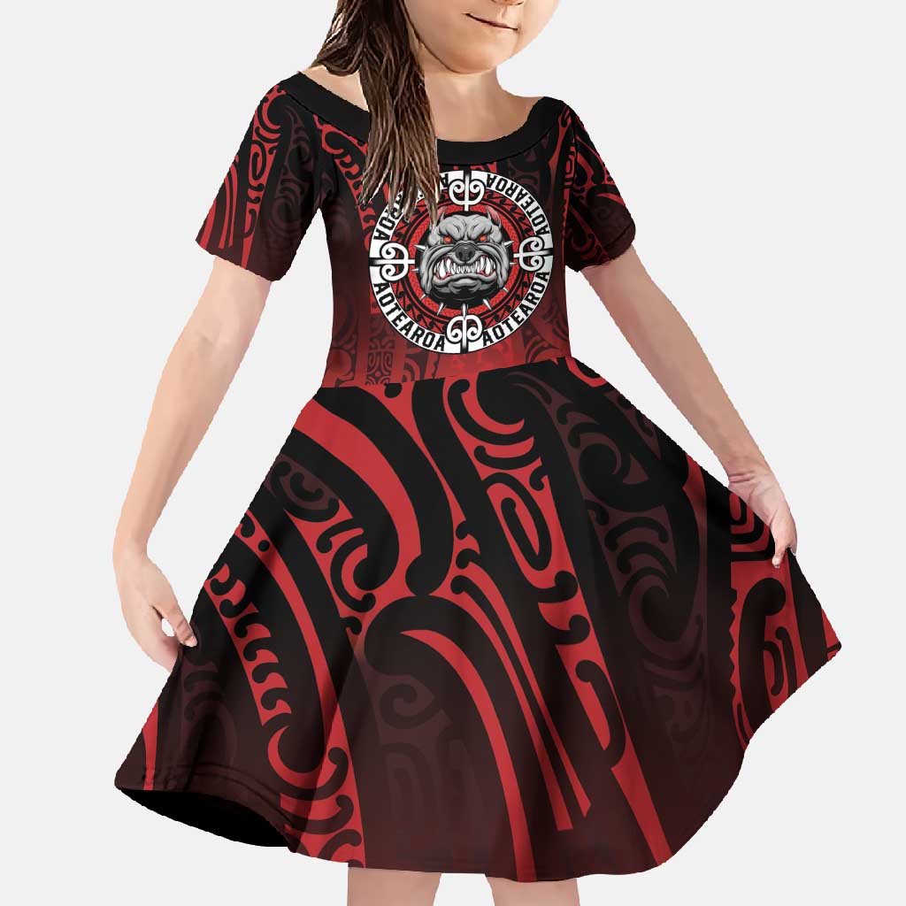 Aotearoa Bulldog Family Matching Mermaid Dress and Hawaiian Shirt New Zealand Kowhaiwhai Tribal LT9 Daughter's Dress Red - Polynesian Pride
