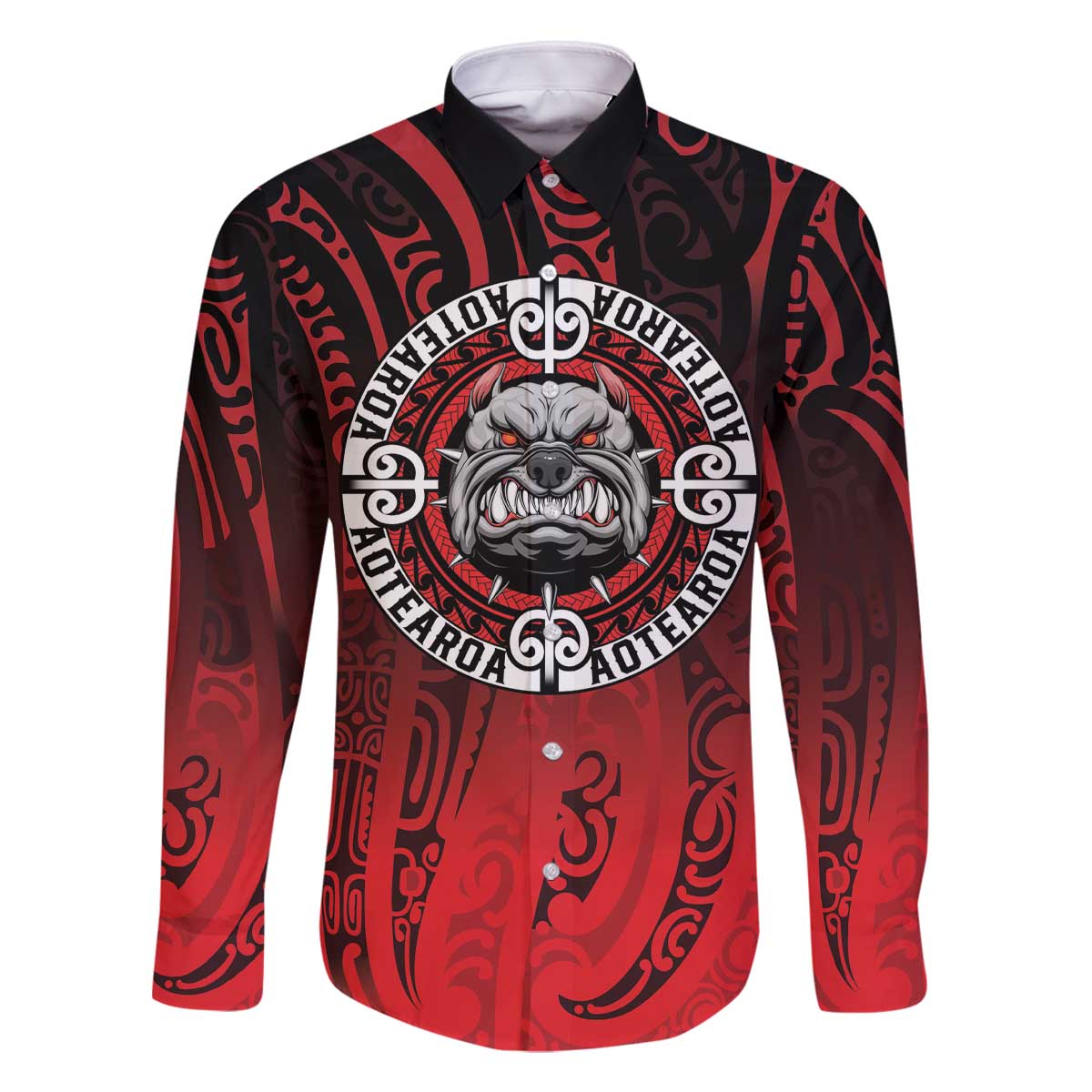 Aotearoa Bulldog Family Matching Off The Shoulder Long Sleeve Dress and Hawaiian Shirt New Zealand Kowhaiwhai Tribal LT9 Dad's Shirt - Long Sleeve Red - Polynesian Pride