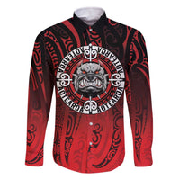 Aotearoa Bulldog Family Matching Off The Shoulder Long Sleeve Dress and Hawaiian Shirt New Zealand Kowhaiwhai Tribal LT9 Dad's Shirt - Long Sleeve Red - Polynesian Pride