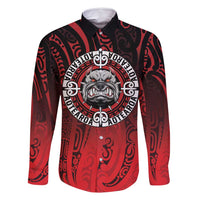 Aotearoa Bulldog Family Matching Off Shoulder Maxi Dress and Hawaiian Shirt New Zealand Kowhaiwhai Tribal LT9 Dad's Shirt - Long Sleeve Red - Polynesian Pride