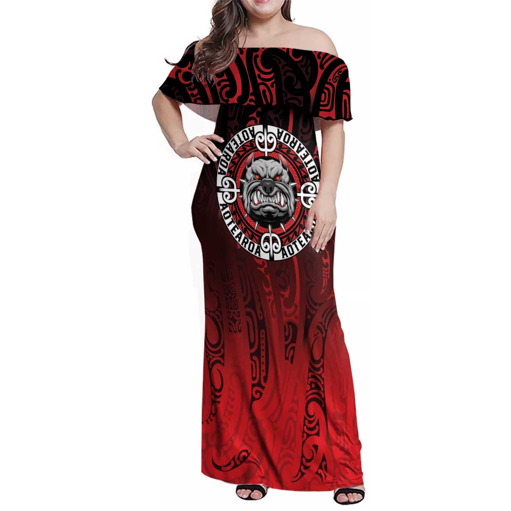 Aotearoa Bulldog Family Matching Off Shoulder Maxi Dress and Hawaiian Shirt New Zealand Kowhaiwhai Tribal LT9 Mom's Dress Red - Polynesian Pride