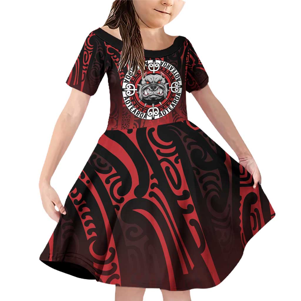 Aotearoa Bulldog Family Matching Off Shoulder Short Dress and Hawaiian Shirt New Zealand Kowhaiwhai Tribal LT9 Daughter's Dress Red - Polynesian Pride