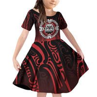 Aotearoa Bulldog Family Matching Off Shoulder Short Dress and Hawaiian Shirt New Zealand Kowhaiwhai Tribal LT9 Daughter's Dress Red - Polynesian Pride