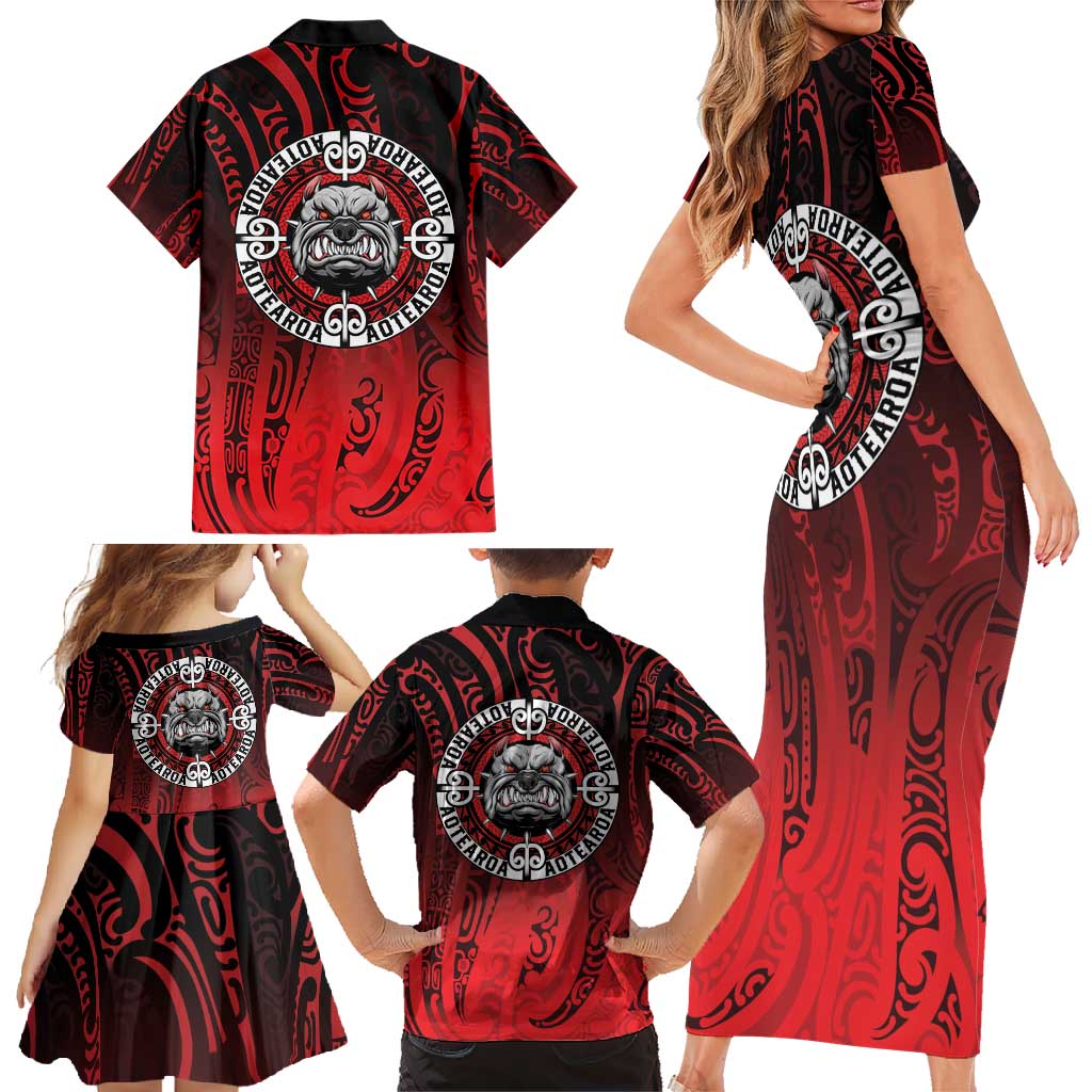 Aotearoa Bulldog Family Matching Short Sleeve Bodycon Dress and Hawaiian Shirt New Zealand Kowhaiwhai Tribal LT9 - Polynesian Pride