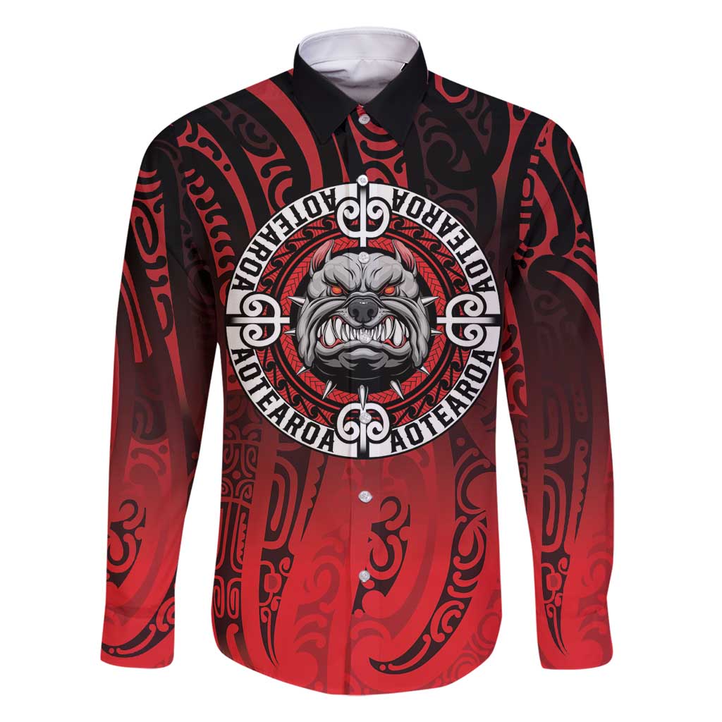 Aotearoa Bulldog Family Matching Summer Maxi Dress and Hawaiian Shirt New Zealand Kowhaiwhai Tribal LT9 Dad's Shirt - Long Sleeve Red - Polynesian Pride