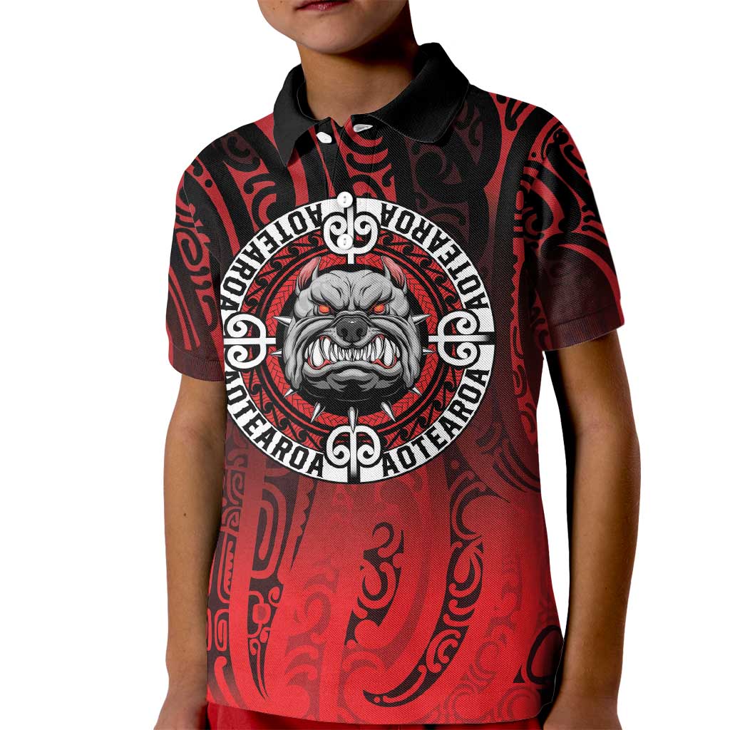 Aotearoa Bulldog Kid Polo Shirt New Zealand Kowhaiwhai Tribal LT9 Kid Red - Polynesian Pride