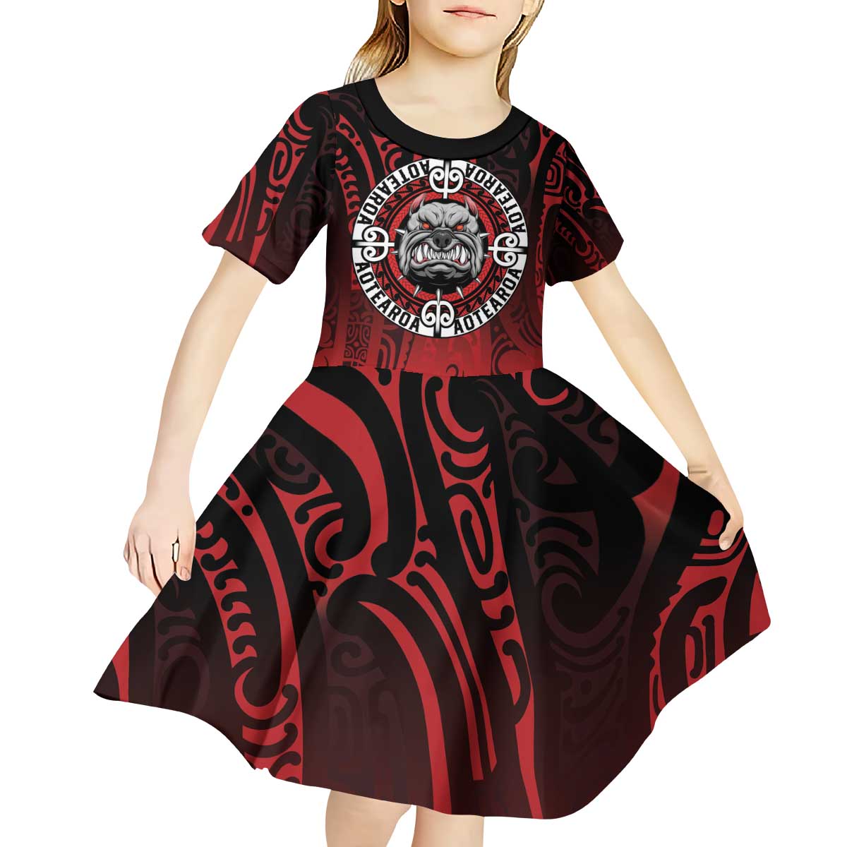 Aotearoa Bulldog Kid Short Sleeve Dress New Zealand Kowhaiwhai Tribal LT9 - Polynesian Pride