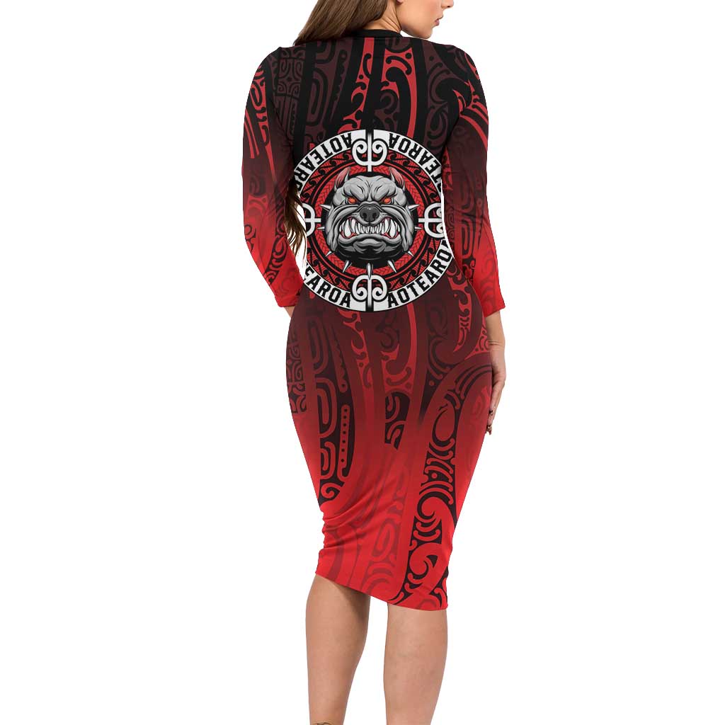 Aotearoa Bulldog Long Sleeve Bodycon Dress New Zealand Kowhaiwhai Tribal LT9 - Polynesian Pride