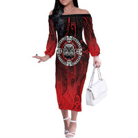 Aotearoa Bulldog Off The Shoulder Long Sleeve Dress New Zealand Kowhaiwhai Tribal LT9 Women Red - Polynesian Pride