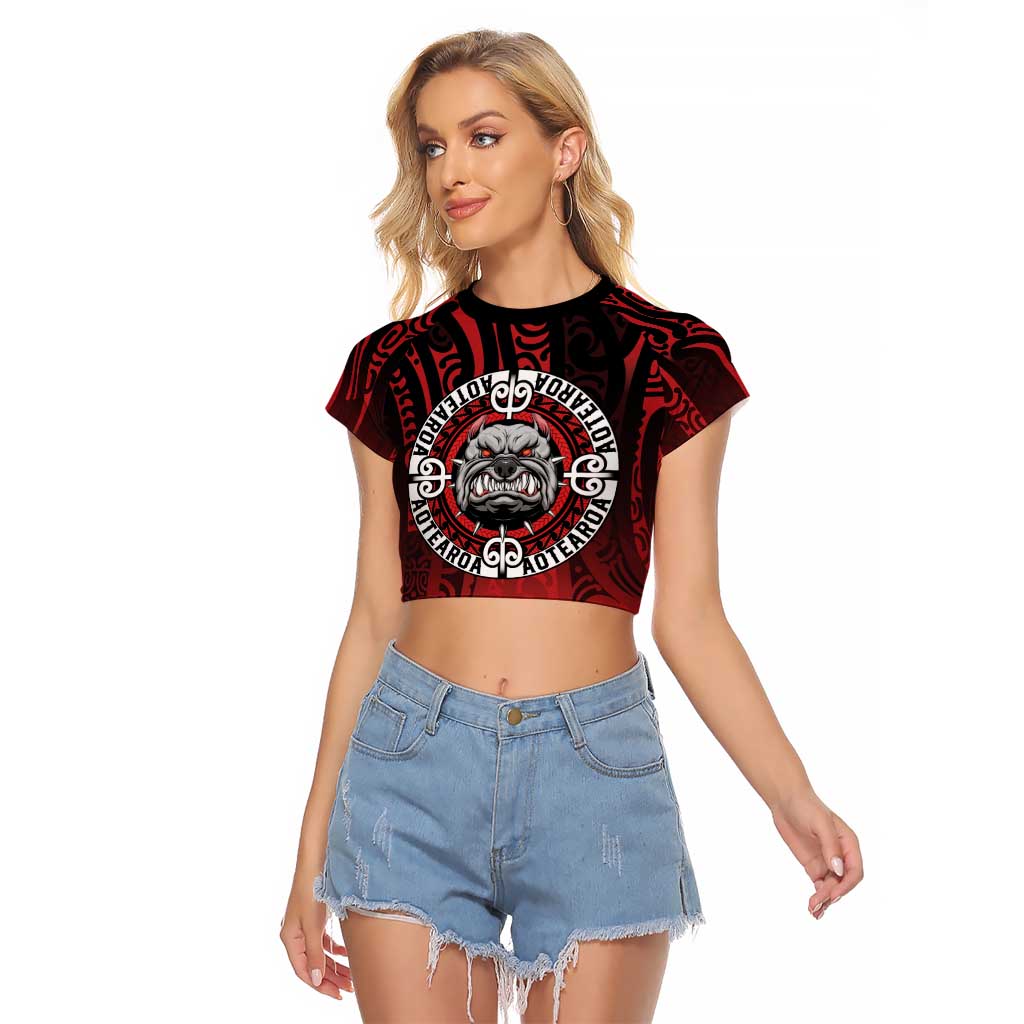 Aotearoa Bulldog Raglan Cropped T Shirt New Zealand Kowhaiwhai Tribal LT9 Female Red - Polynesian Pride