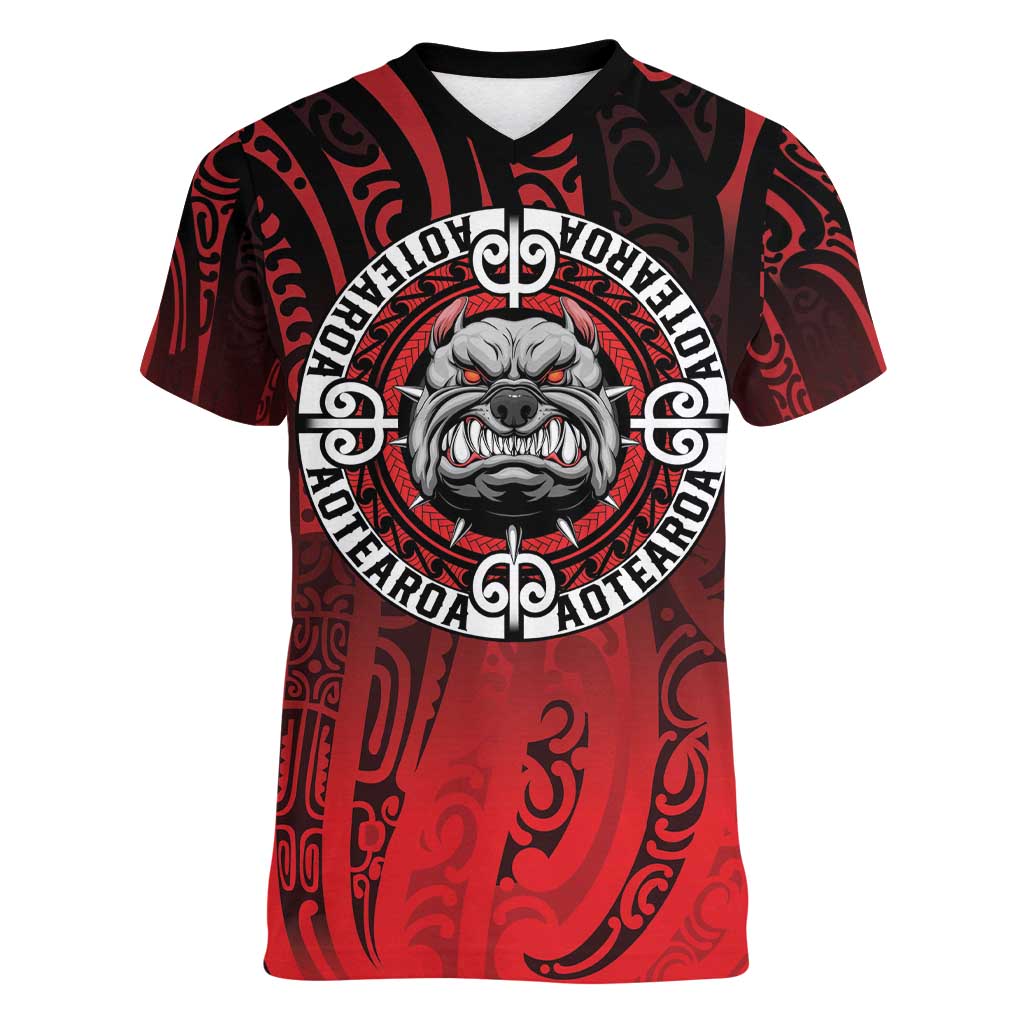 Aotearoa Bulldog Women V-Neck T-Shirt New Zealand Kowhaiwhai Tribal LT9 Female Red - Polynesian Pride