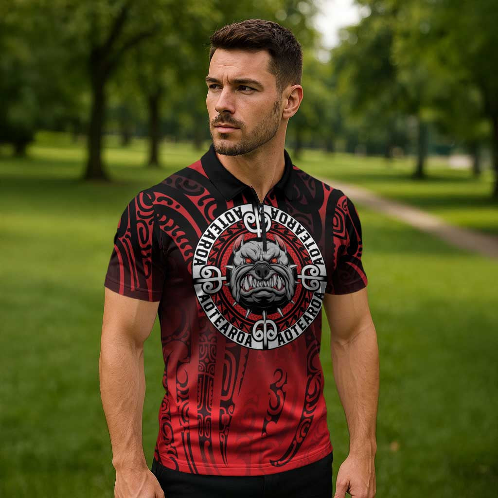Aotearoa Bulldog Zipper Polo Shirt New Zealand Kowhaiwhai Tribal LT9 - Polynesian Pride