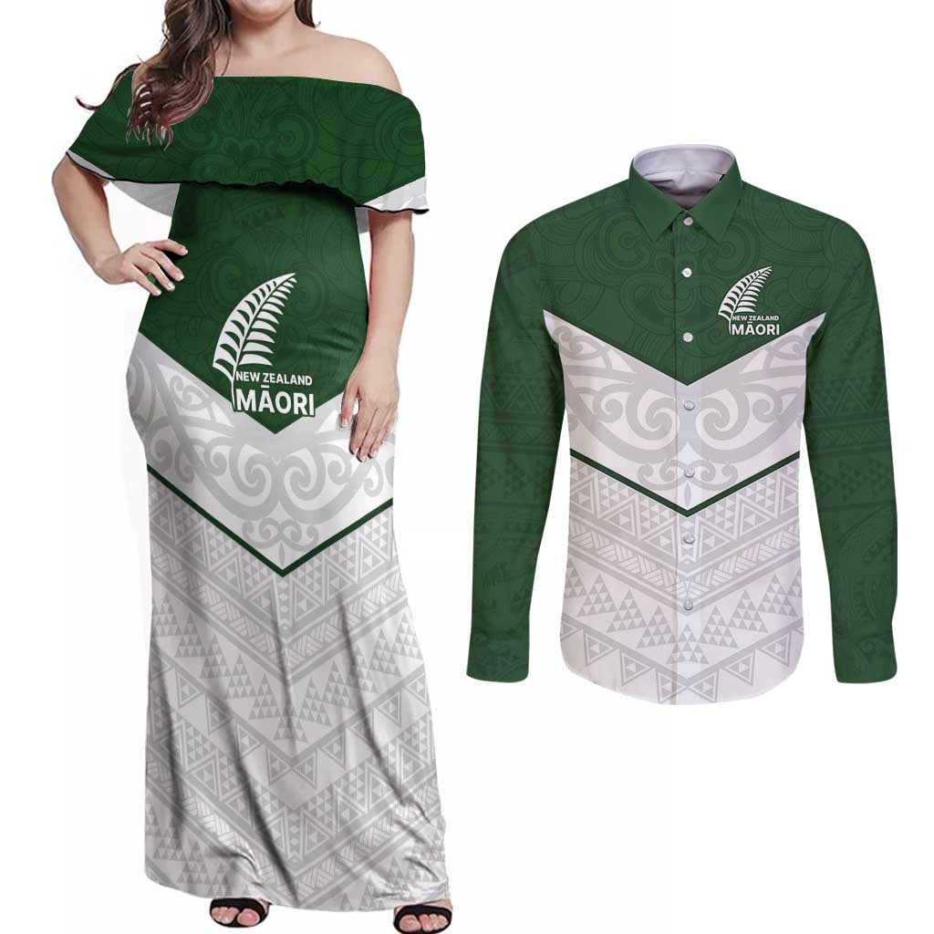 Custom New Zealand Maori Niho Taniwha Couples Matching Off Shoulder Maxi Dress and Long Sleeve Button Shirt LT9 Green - Polynesian Pride