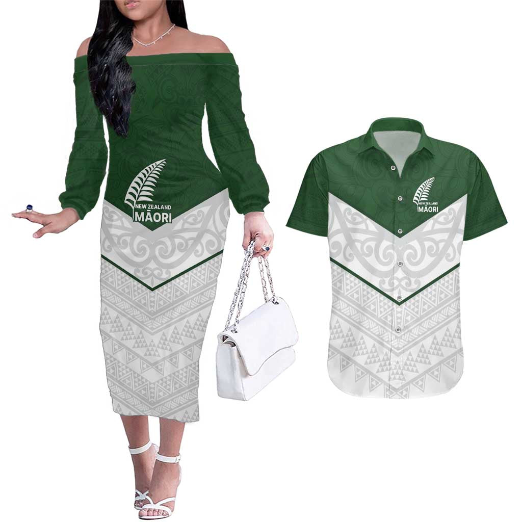 Custom New Zealand Maori Niho Taniwha Couples Matching Off The Shoulder Long Sleeve Dress and Hawaiian Shirt LT9 Green - Polynesian Pride