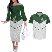 Custom New Zealand Maori Niho Taniwha Couples Matching Off The Shoulder Long Sleeve Dress and Hawaiian Shirt LT9 Green - Polynesian Pride