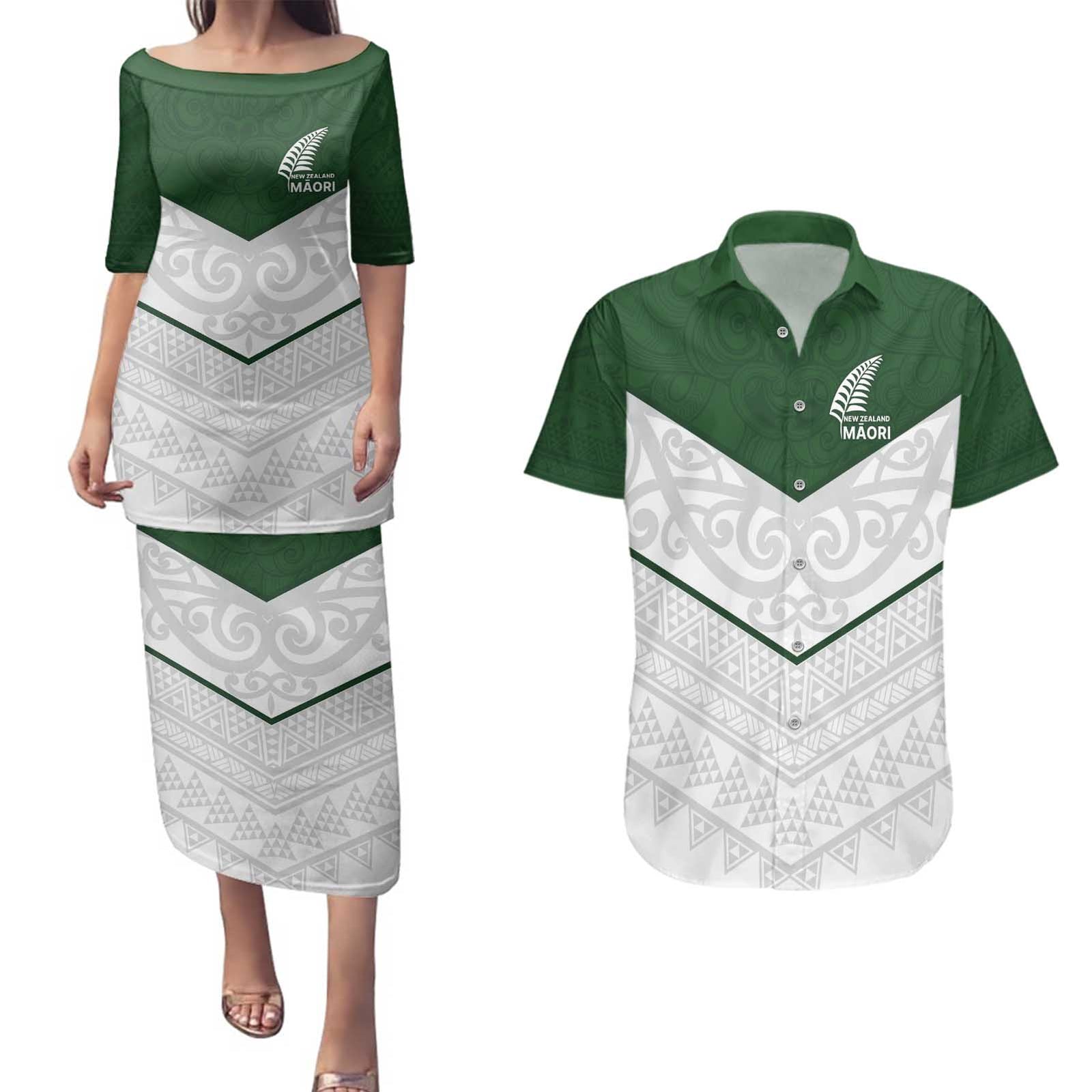 Custom New Zealand Maori Niho Taniwha Couples Matching Puletasi and Hawaiian Shirt LT9 Green - Polynesian Pride