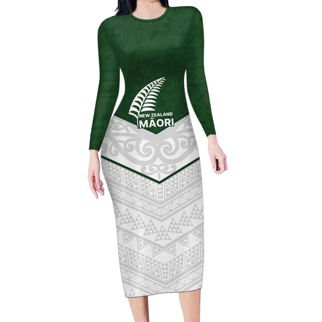 Custom New Zealand Maori Niho Taniwha Family Matching Long Sleeve Bodycon Dress and Hawaiian Shirt LT9 Mom's Dress Green - Polynesian Pride