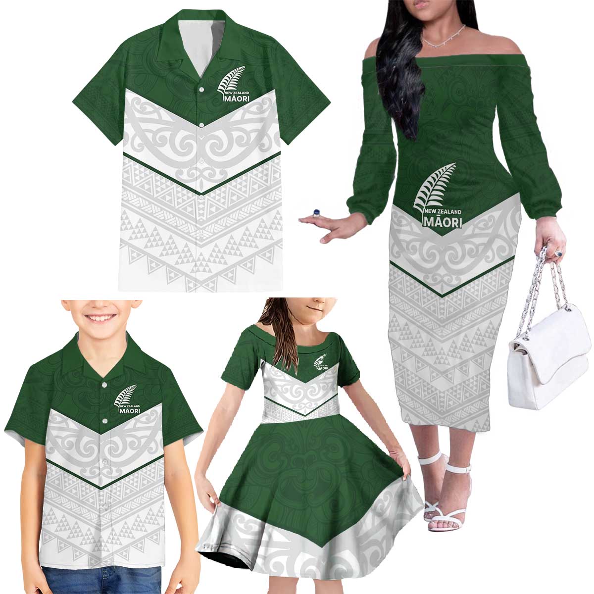 Custom New Zealand Maori Niho Taniwha Family Matching Off The Shoulder Long Sleeve Dress and Hawaiian Shirt LT9 - Polynesian Pride
