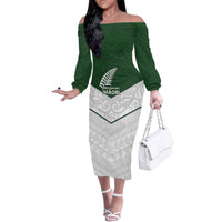 Custom New Zealand Maori Niho Taniwha Family Matching Off The Shoulder Long Sleeve Dress and Hawaiian Shirt LT9 Mom's Dress Green - Polynesian Pride