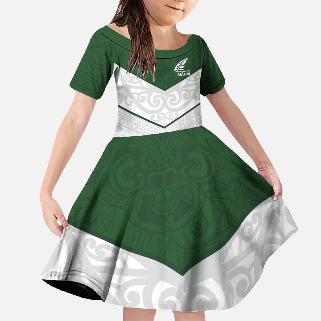 Custom New Zealand Maori Niho Taniwha Family Matching Tank Maxi Dress and Hawaiian Shirt LT9 Daughter's Dress Green - Polynesian Pride