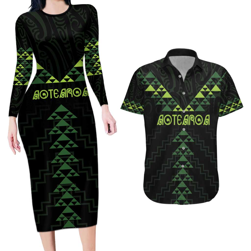 Custom New Zealand Maori Koru Koiri Motif Couples Matching Long Sleeve Bodycon Dress and Hawaiian Shirt LT9 Green - Polynesian Pride