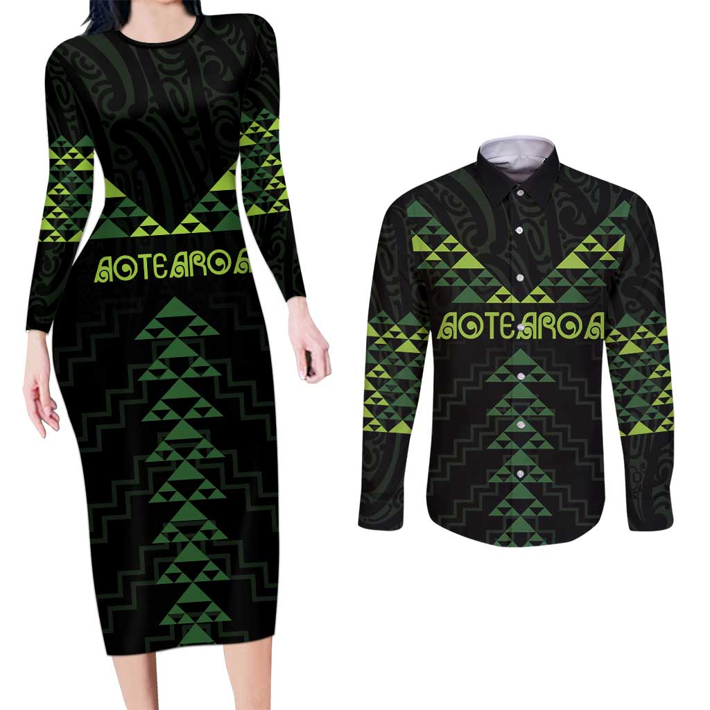 Custom New Zealand Maori Koru Koiri Motif Couples Matching Long Sleeve Bodycon Dress and Long Sleeve Button Shirt LT9 Green - Polynesian Pride