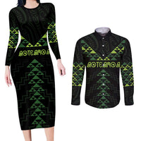 Custom New Zealand Maori Koru Koiri Motif Couples Matching Long Sleeve Bodycon Dress and Long Sleeve Button Shirt LT9 Green - Polynesian Pride