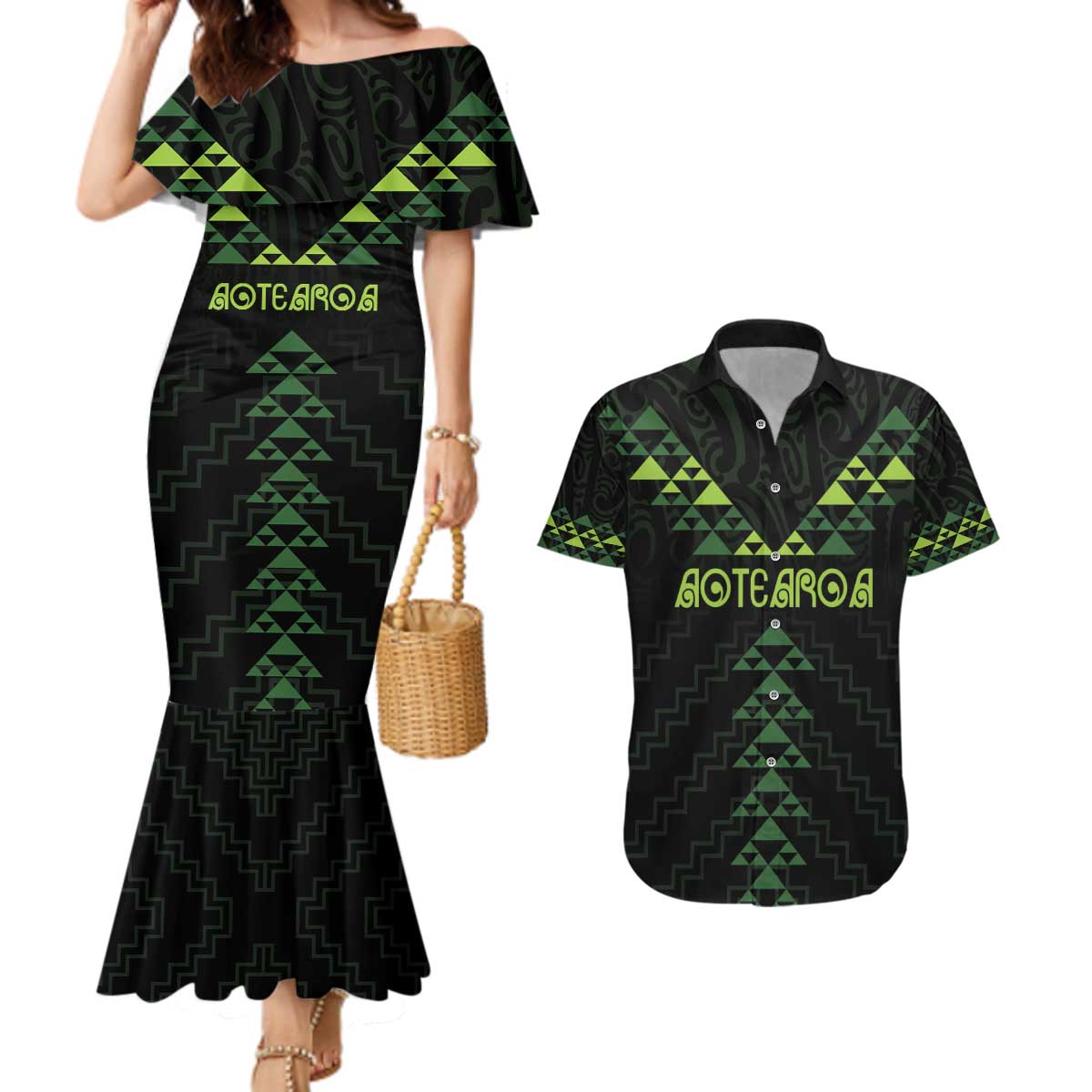 Custom New Zealand Maori Koru Koiri Motif Couples Matching Mermaid Dress and Hawaiian Shirt LT9 Green - Polynesian Pride