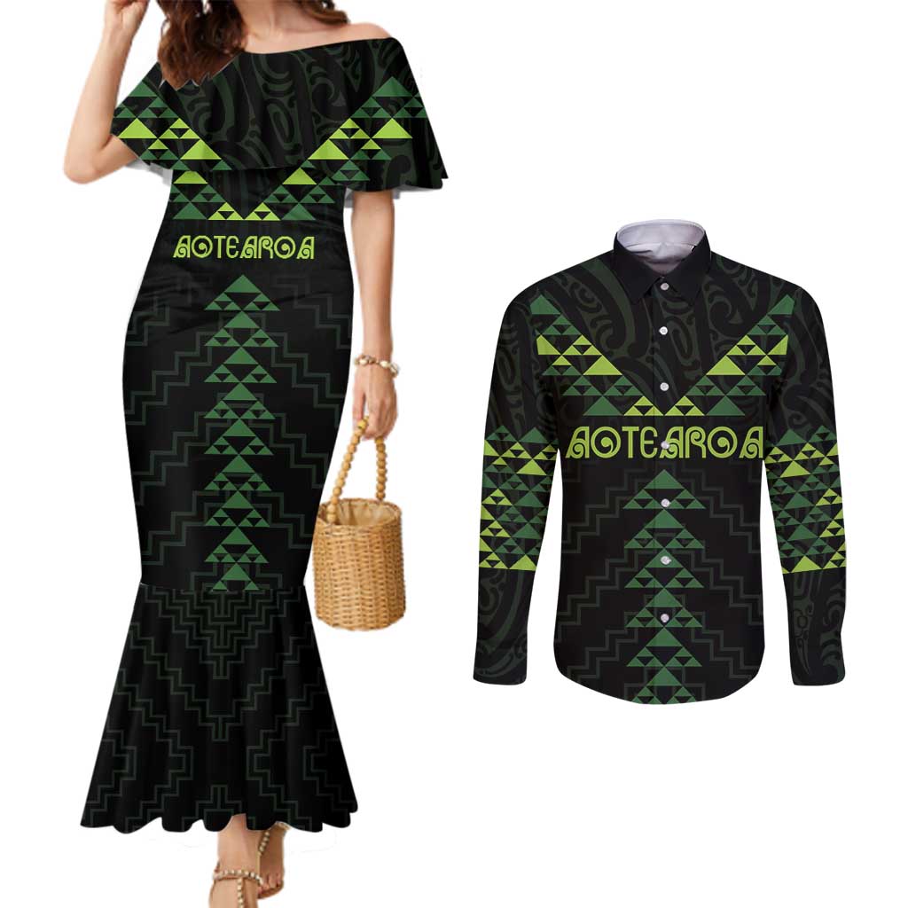Custom New Zealand Maori Koru Koiri Motif Couples Matching Mermaid Dress and Long Sleeve Button Shirt LT9 Green - Polynesian Pride