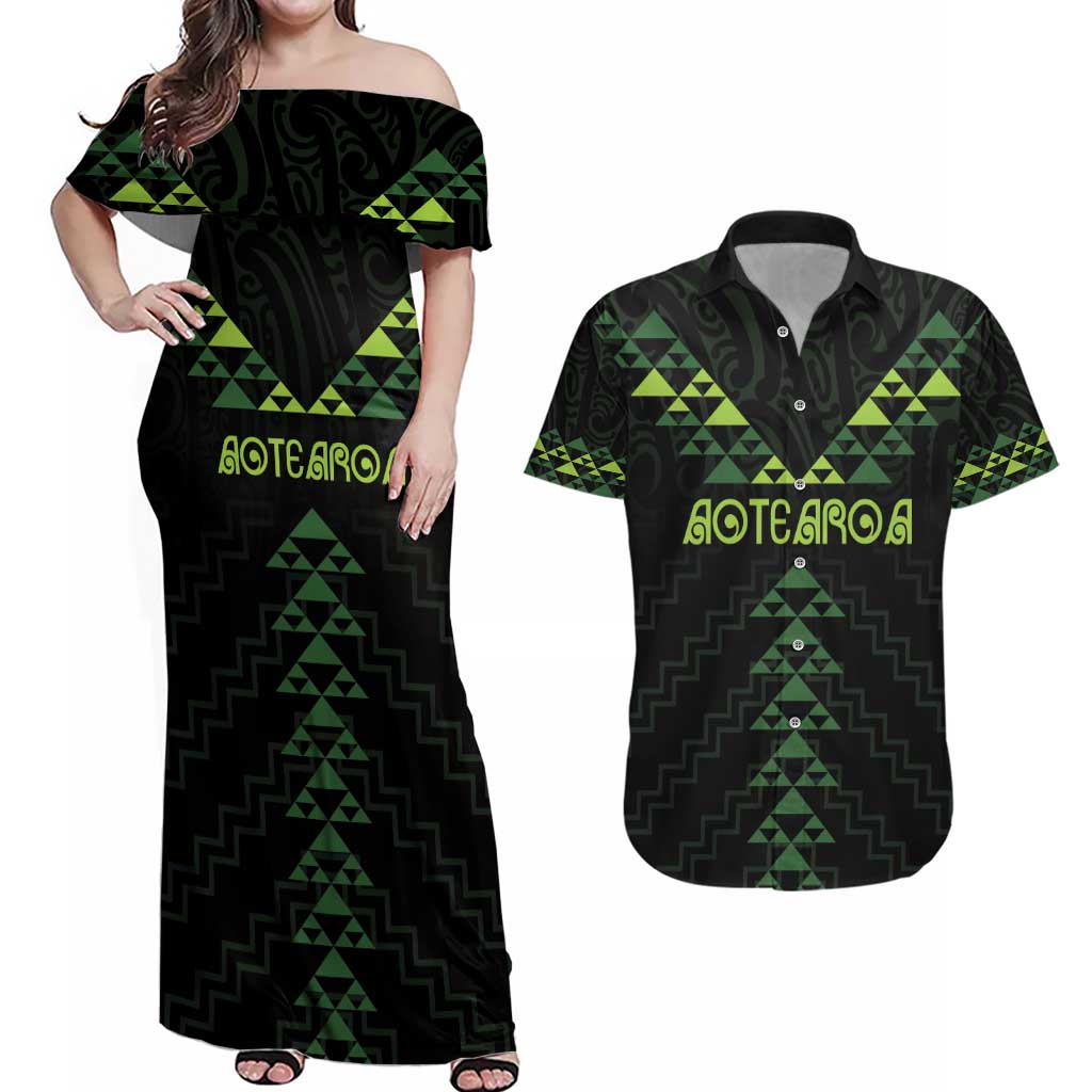 Custom New Zealand Maori Koru Koiri Motif Couples Matching Off Shoulder Maxi Dress and Hawaiian Shirt LT9 Green - Polynesian Pride