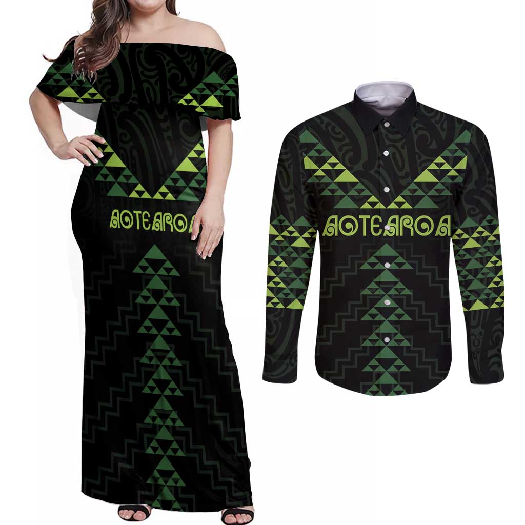 Custom New Zealand Maori Koru Koiri Motif Couples Matching Off Shoulder Maxi Dress and Long Sleeve Button Shirt LT9 Green - Polynesian Pride
