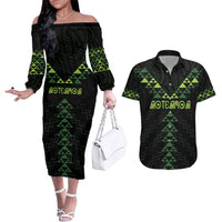 Custom New Zealand Maori Koru Koiri Motif Couples Matching Off The Shoulder Long Sleeve Dress and Hawaiian Shirt LT9 Green - Polynesian Pride