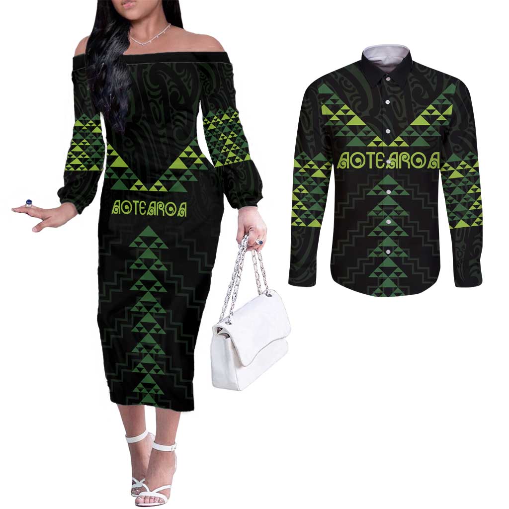 Custom New Zealand Maori Koru Koiri Motif Couples Matching Off The Shoulder Long Sleeve Dress and Long Sleeve Button Shirt LT9 Green - Polynesian Pride