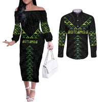 Custom New Zealand Maori Koru Koiri Motif Couples Matching Off The Shoulder Long Sleeve Dress and Long Sleeve Button Shirt LT9 Green - Polynesian Pride