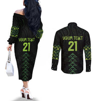 Custom New Zealand Maori Koru Koiri Motif Couples Matching Off The Shoulder Long Sleeve Dress and Long Sleeve Button Shirt LT9 - Polynesian Pride